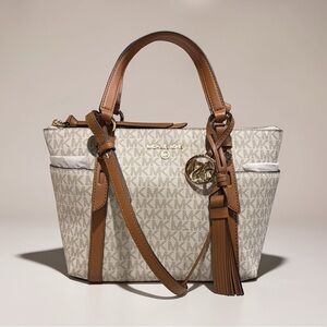 Michael Kors Beige Monogram Tote with Brown Trim